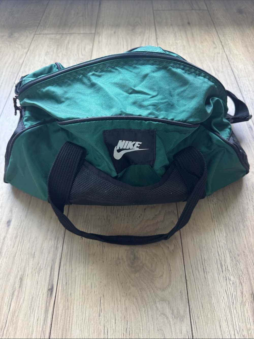 Vintage Nike Green and Black Carry On Duffle Bag Handles Long Strap Zipper